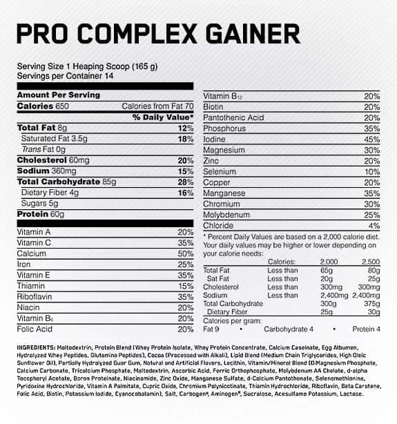 Pro Complex Gainer Ingredients Supplement Facts