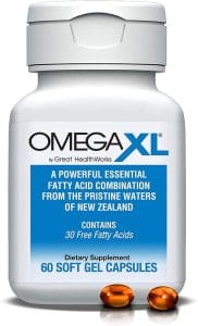 Omega XL fish oil supplement bottle and capsules