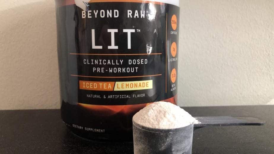Lit pre workout powder outside of the jar