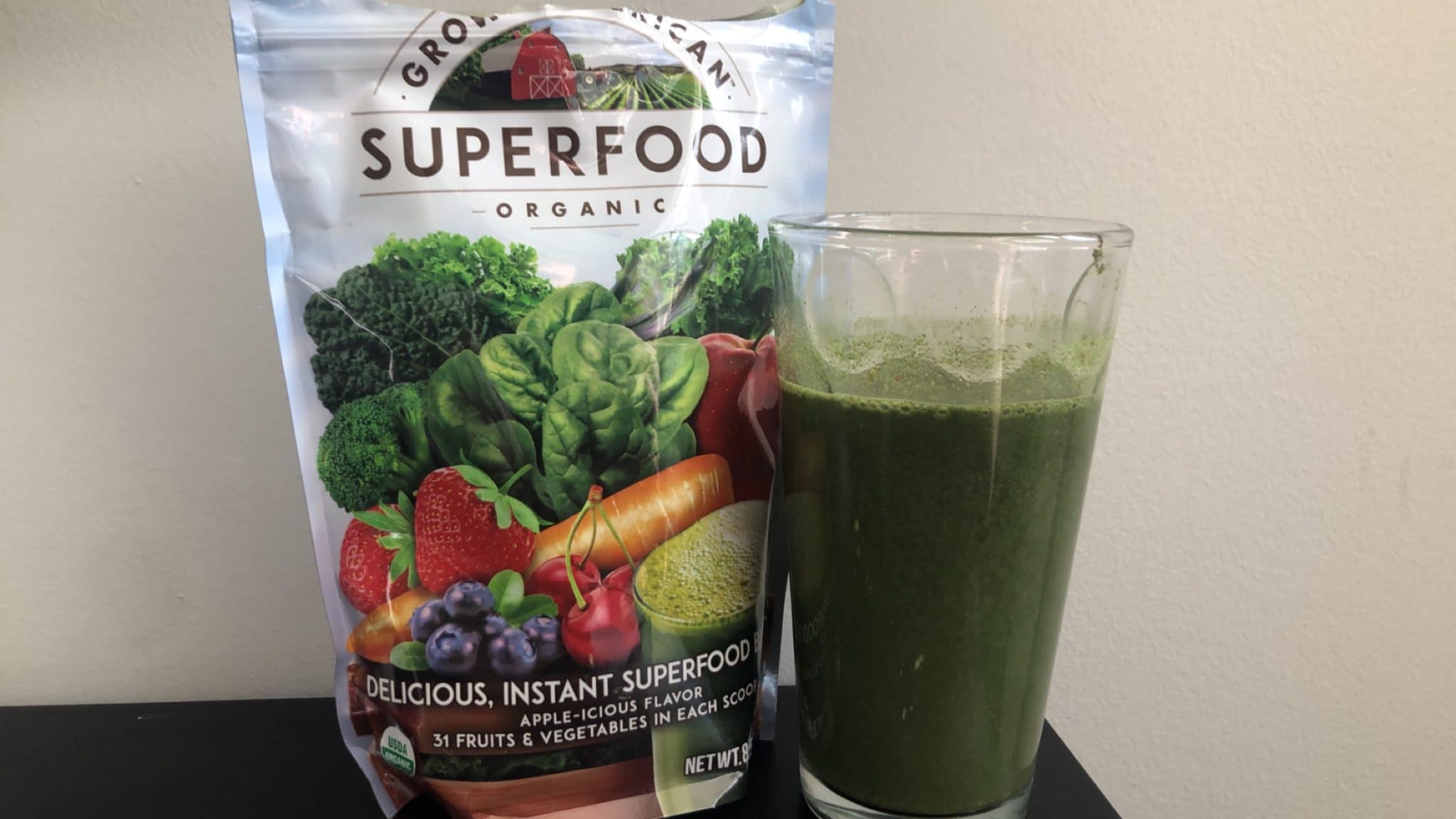 Grown American Superfood bag and green drink
