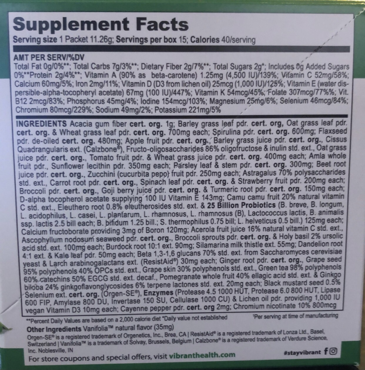 Green vibrance ingredients list and supplement facts